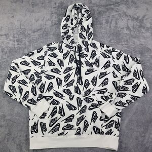 Nike All Over Print Pullover Hoodie Men's Large White Black Nike Swoosh Logo
